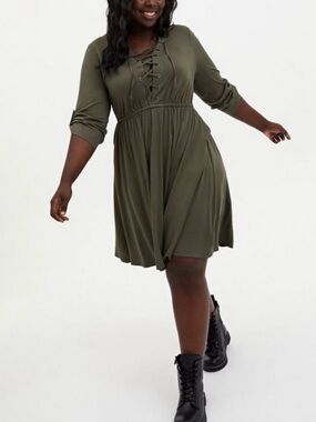 Torrid Challis Lace-Up Swing Dress in Olive (2X)